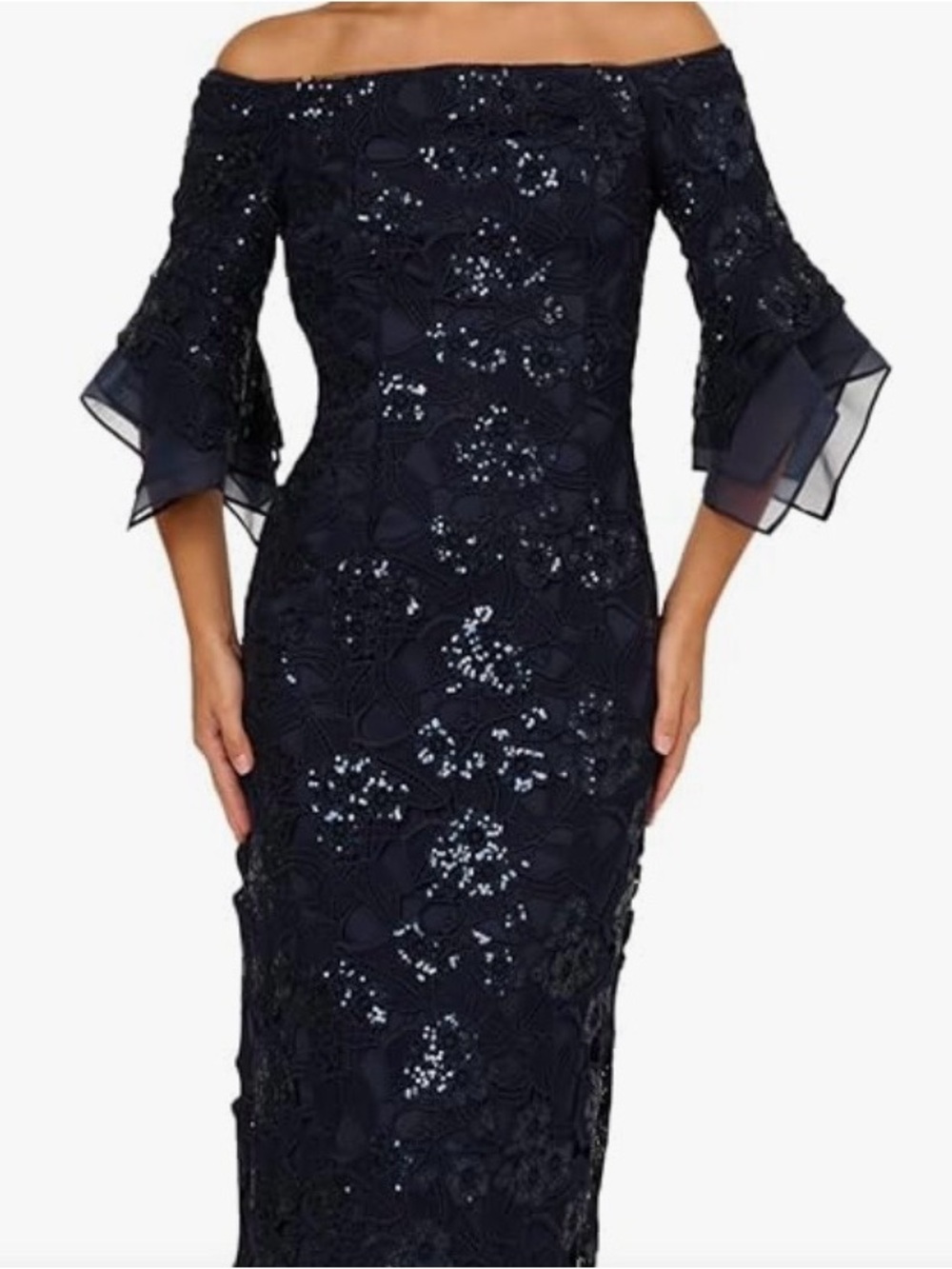 Adrianna Papell Navy Off-Shoulder Sequin Lace Gown - Picture 5 of 8